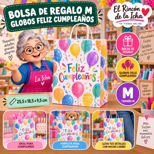 RI-0009932 Bolsa de Regalo Tamaño M Diseño Globos Feliz Cumpleaños de 25,5 x 18,5 x 9,5 cm Feliz