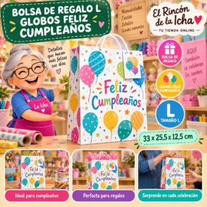 RI-0009933 Bolsa de Regalo Tamaño L Diseño Globos Feliz Cumpleaños de 33 x 25,5 x 12,5 cm Feliz