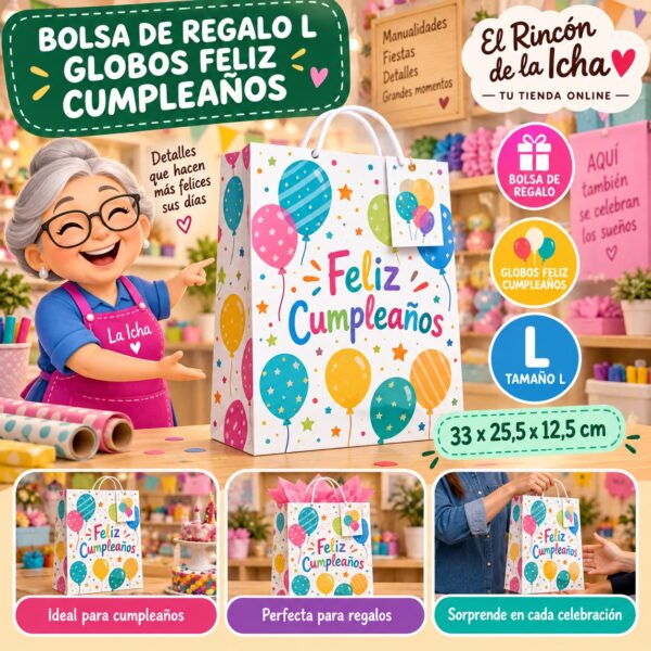 Bolsa de Regalo Tamaño L Diseño Globos Feliz Cumpleaños de 33 x 25,5 x 12,5 cm Feliz
