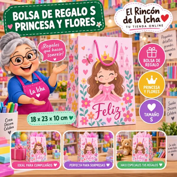RI-0009934 Bolsa de Regalo Tamaño S Diseño Princesa y Flores de 18 x 23 x 10 cm Feliz