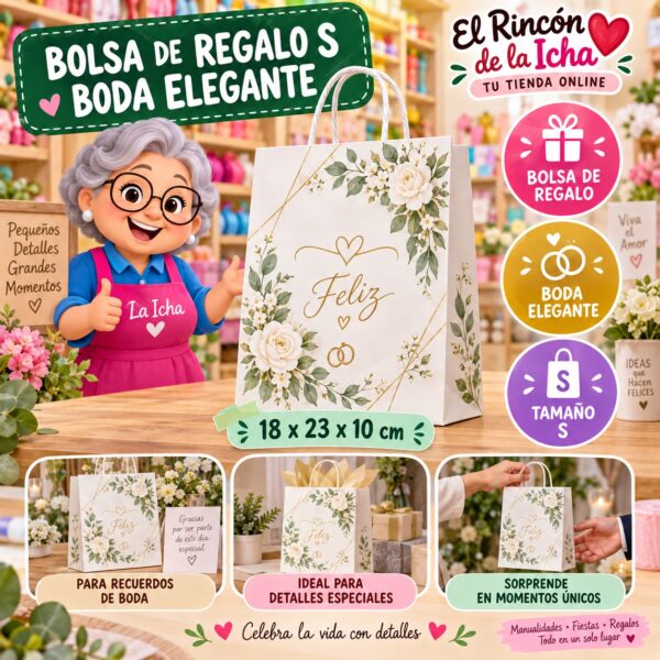 RI-0009936 Bolsa de Regalo Tamaño S Diseño Boda Elegante de 18 x 23 x 10 cm Feliz