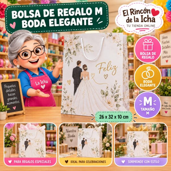 RI-0009937 Bolsa de Regalo Tamaño M Diseño Boda Elegante de 26 x 32 x 10 cm Feliz
