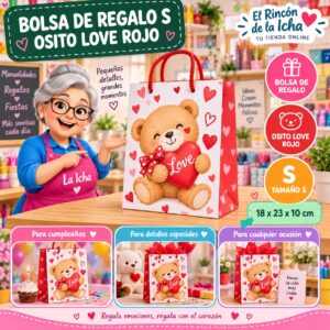 RI-0009939 Bolsa de Regalo Tamaño S Diseño Osito Love Rojo de 18 x 23 x 10 cm Feliz