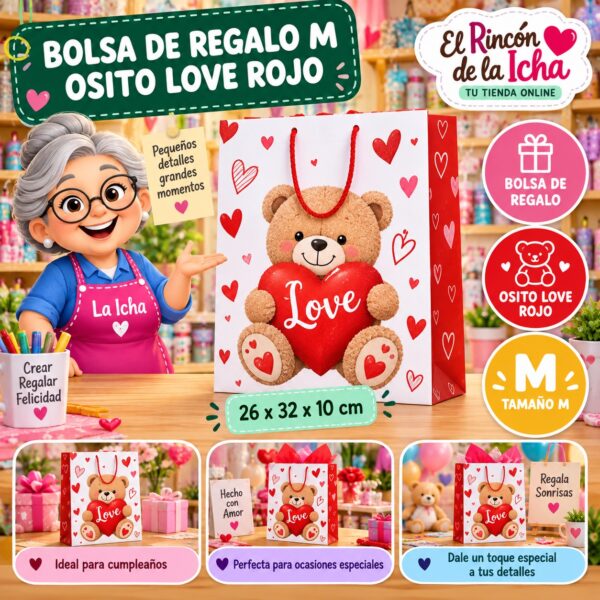 RI-0009940 Bolsa de Regalo Tamaño M Diseño Osito Love Rojo de 26 x 32 x 10 cm Feliz
