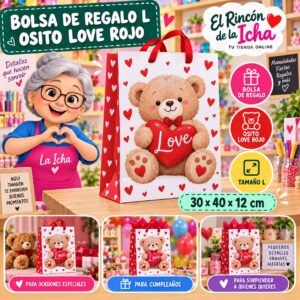 RI-0009941 Bolsa de Regalo Tamaño L Diseño Osito Love Rojo de 30 x 40 x 12 cm Feliz