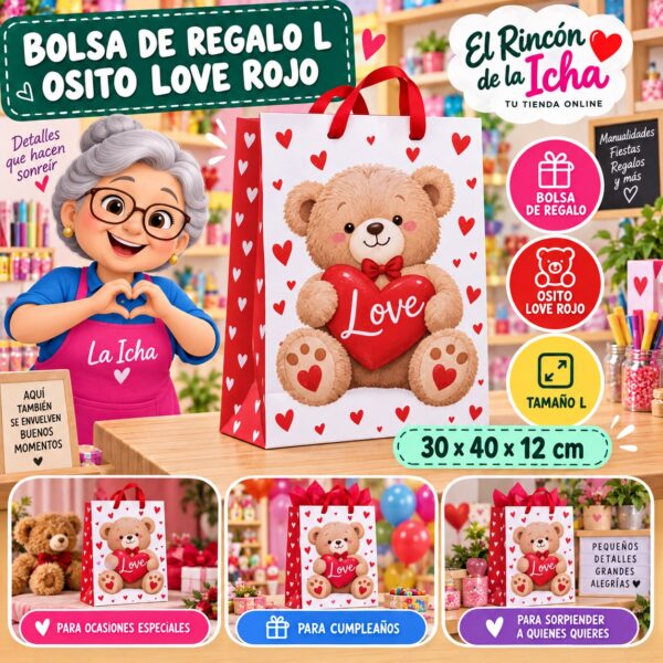 Bolsa de Regalo Tamaño L Diseño Osito Love Rojo de 30 x 40 x 12 cm Feliz