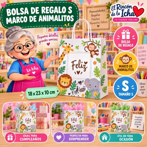RI-0009942 Bolsa de Regalo Tamaño S Diseño Marco de Animalitos de 18 x 23 x 10 cm Feliz