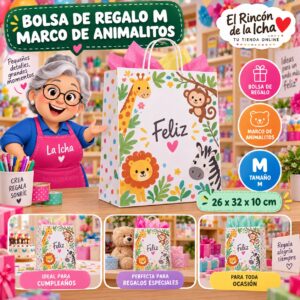 RI-0009943 Bolsa de Regalo Tamaño M Diseño Marco de Animalitos de 26 x 32 x 10 cm Feliz