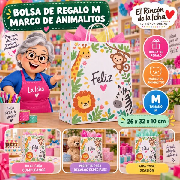 RI-0009943 Bolsa de Regalo Tamaño M Diseño Marco de Animalitos de 26 x 32 x 10 cm Feliz