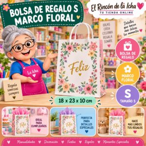 RI-0009945 Bolsa de Regalo Tamaño S Diseño Marco Floral de 18 x 23 x 10 cm Feliz
