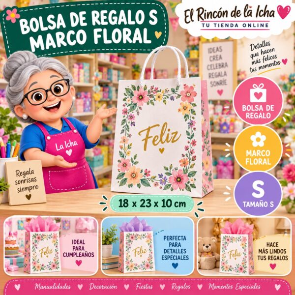 RI-0009945 Bolsa de Regalo Tamaño S Diseño Marco Floral de 18 x 23 x 10 cm Feliz