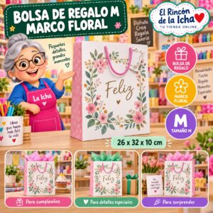 RI-0009946 Bolsa de Regalo Tamaño M Diseño Marco Floral de 26 x 32 x 10 cm Feliz
