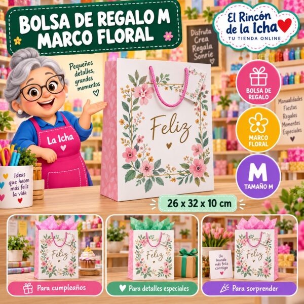 RI-0009946 Bolsa de Regalo Tamaño M Diseño Marco Floral de 26 x 32 x 10 cm Feliz
