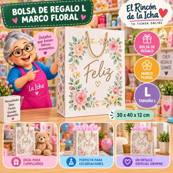 RI-0009947 Bolsa de Regalo Tamaño L Diseño Marco Floral de 30 x 40 x 12 cm Feliz