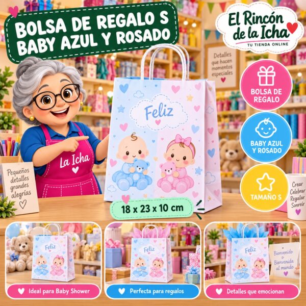 Bolsa de Regalo Tamaño S Diseño Baby Azul y Rosado de 18 x 23 x 10 cm Feliz