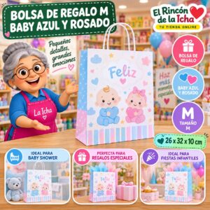 RI-0009949 Bolsa de Regalo Tamaño M Diseño Baby Azul y Rosado de 26 x 32 x 10 cm Feliz