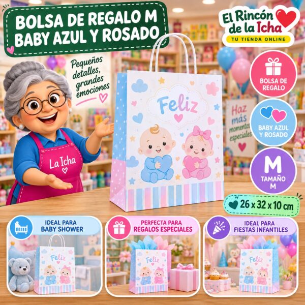 RI-0009949 Bolsa de Regalo Tamaño M Diseño Baby Azul y Rosado de 26 x 32 x 10 cm Feliz