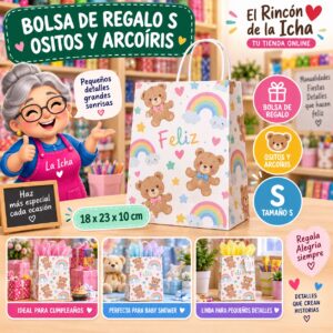RI-0009951 Bolsa de Regalo Tamaño S Diseño Ositos y Arcoíris de 18 x 23 x 10 cm Feliz