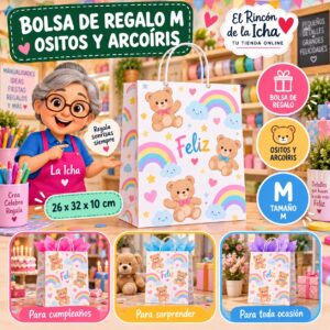 RI-0009952 Bolsa de Regalo Tamaño M Diseño Ositos y Arcoíris de 26 x 32 x 10 cm Feliz