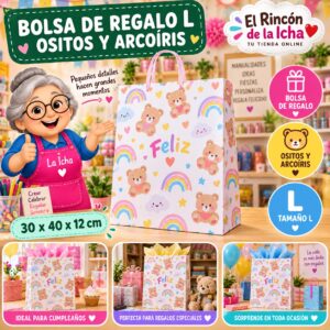 RI-0009953 Bolsa de Regalo Tamaño L Diseño Ositos y Arcoíris de 30 x 40 x 12 cm Feliz