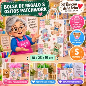 RI-0009954 Bolsa de Regalo Tamaño S Diseño Ositos Patchwork de 18 x 23 x 10 cm Feliz