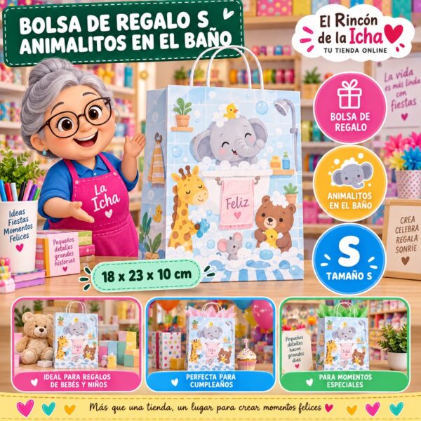 Bolsa de Regalo Tamaño S Diseño Animalitos en el Baño de 18 x 23 x 10 cm Feliz
