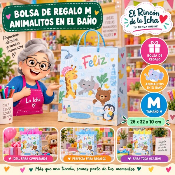 Bolsa de Regalo Tamaño M Diseño Animalitos en el Baño de 26 x 32 x 10 cm Feliz