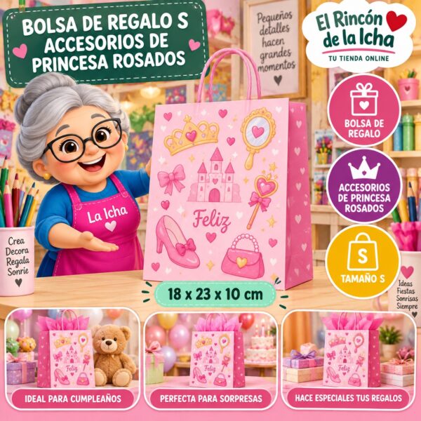 Bolsa de Regalo Tamaño S Diseño Accesorios de Princesa Rosados de 18 x 23 x 10 cm Feliz