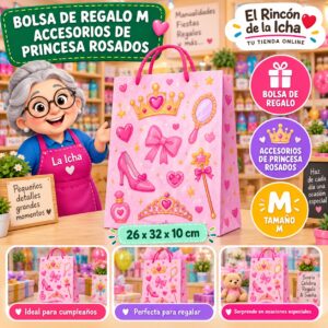 RI-0009959 Bolsa de Regalo Tamaño M Diseño Accesorios de Princesa Rosados de 26 x 32 x 10 cm Feliz