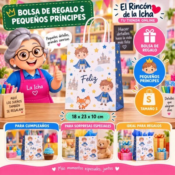 RI-0009960 Bolsa de Regalo Tamaño S Diseño Pequeños Príncipes de 18 x 23 x 10 cm Feliz
