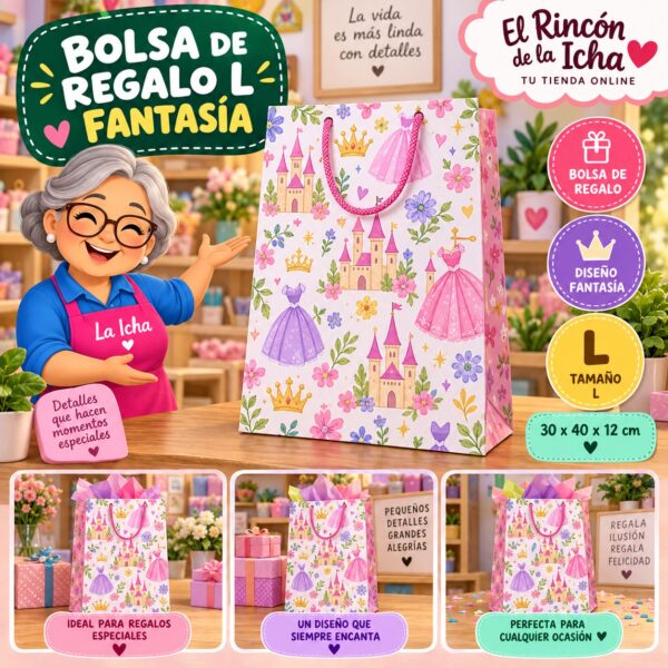 Bolsa de Regalo Tamaño L Diseño Princesas de Fantasía de 30 x 40 x 12 cm Feliz