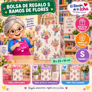 RI-0009962 Bolsa de Regalo Tamaño S Diseño Ramos de Flores de 18 x 23 x 10 cm Feliz