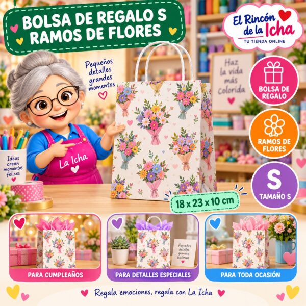 Bolsa de Regalo Tamaño S Diseño Ramos de Flores de 18 x 23 x 10 cm Feliz