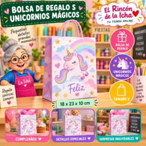 RI-0009963 Bolsa de Regalo Tamaño S Diseño Unicornios Mágicos de 18 x 23 x 10 cm Feliz