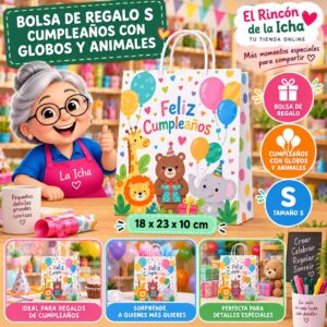 RI-0009964 Bolsa de Regalo Tamaño S Diseño Cumpleaños con Globos y Animales de 18 x 23 x 10 cm Feliz