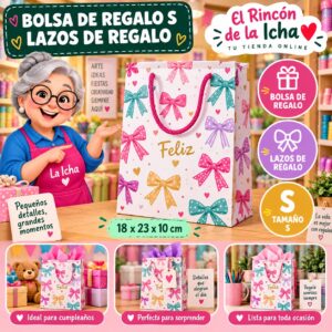 RI-0009966 Bolsa de Regalo Tamaño S Diseño Lazos de Regalo de 18 x 23 x 10 cm Feliz