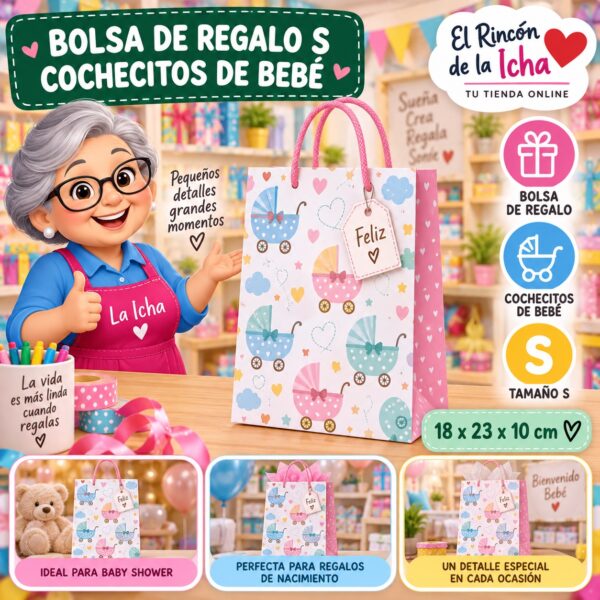 RI-0009967 Bolsa de Regalo Tamaño S Diseño Cochecitos de Bebé de 18 x 23 x 10 cm Feliz