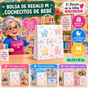 RI-0009968 Bolsa de Regalo Tamaño M Diseño Cochecitos de Bebé de 26 x 32 x 10 cm Feliz