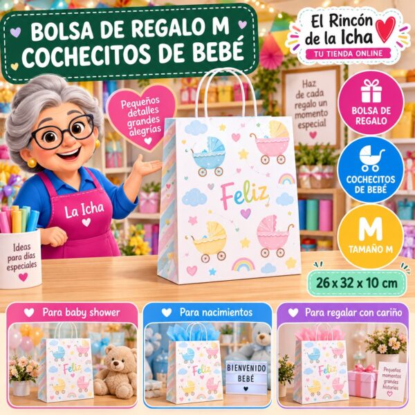 RI-0009968 Bolsa de Regalo Tamaño M Diseño Cochecitos de Bebé de 26 x 32 x 10 cm Feliz