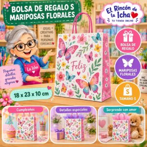 RI-0009969 Bolsa de Regalo Tamaño S Diseño Mariposas Florales de 18 x 23 x 10 cm Feliz