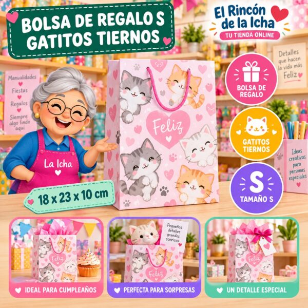 Bolsa de Regalo Tamaño S Diseño Gatitos Tiernos de 18 x 23 x 10 cm Feliz