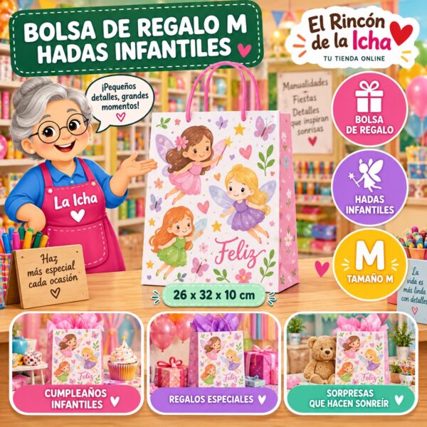 RI-0009974 Bolsa de Regalo Tamaño M Diseño Hadas Infantiles de 26 x 32 x 10 cm Feliz