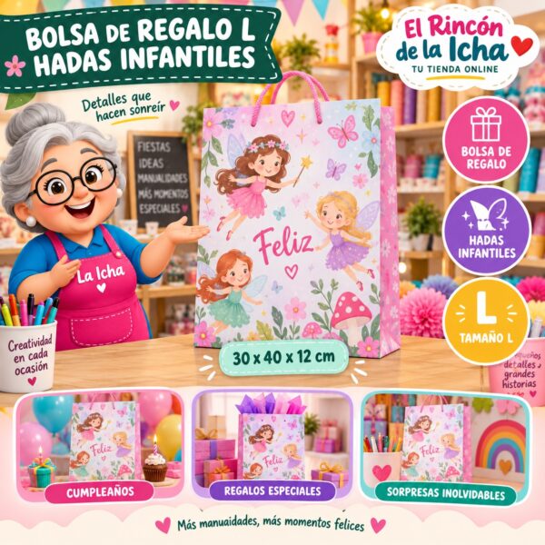 Bolsa de Regalo Tamaño L Diseño Hadas Infantiles de 30 x 40 x 12 cm Feliz