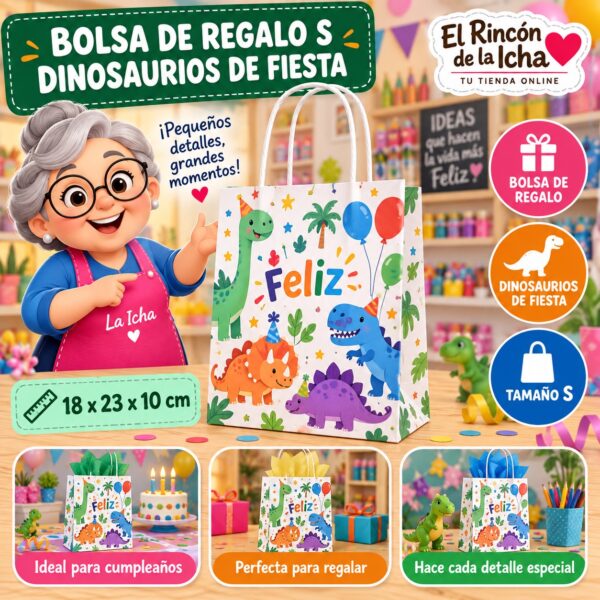 RI-0009976 Bolsa de Regalo Tamaño S Diseño Dinosaurios de Fiesta de 18 x 23 x 10 cm Feliz