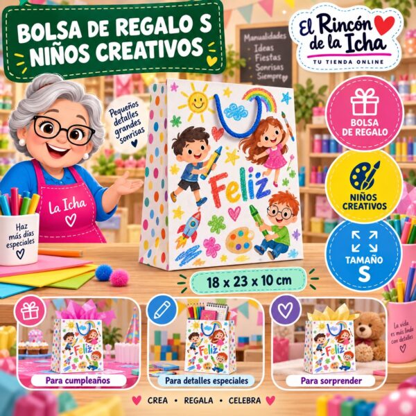 Bolsa de Regalo Tamaño S Diseño Niños Creativos de 18 x 23 x 10 cm Feliz