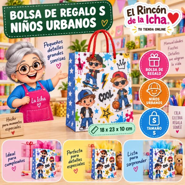 Bolsa de Regalo Tamaño S Diseño Niños Urbanos de 18 x 23 x 10 cm Feliz