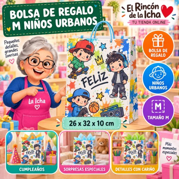 Bolsa de Regalo Tamaño M Diseño Niños Urbanos de 26 x 32 x 10 cm Feliz