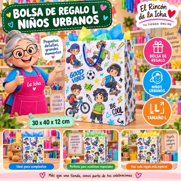 Bolsa de Regalo Tamaño L Diseño Niños Urbanos de 30 x 40 x 12 cm Feliz