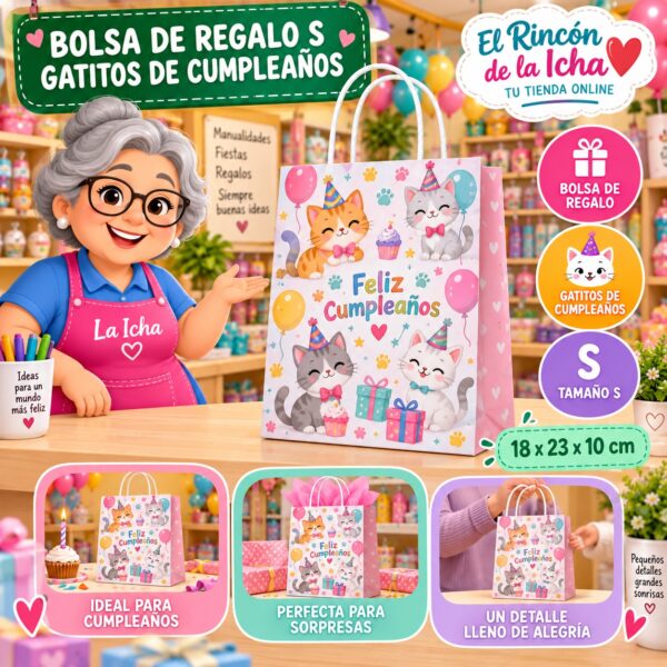 RI-0009981 Bolsa de Regalo Tamaño S Diseño Gatitos de Cumpleaños de 18 x 23 x 10 cm Feliz