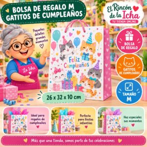 RI-0009982 Bolsa de Regalo Tamaño M Diseño Gatitos de Cumpleaños de 26 x 32 x 10 cm Feliz